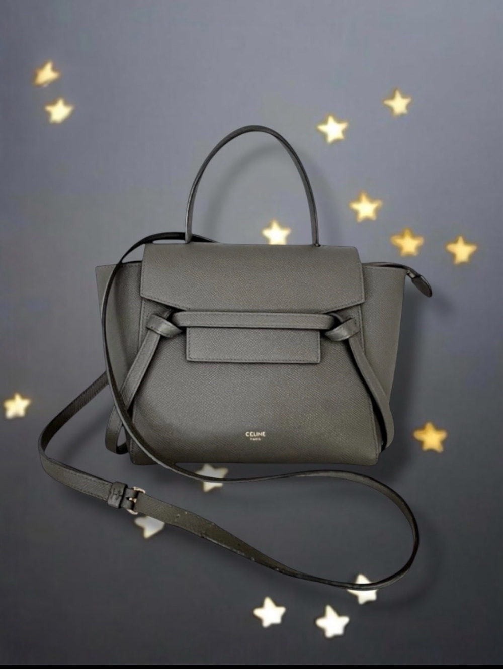 💞CELINE CHARCOAL NANO BELT BAG Crossbody Grained Calfskin Gold-Tone Metal
